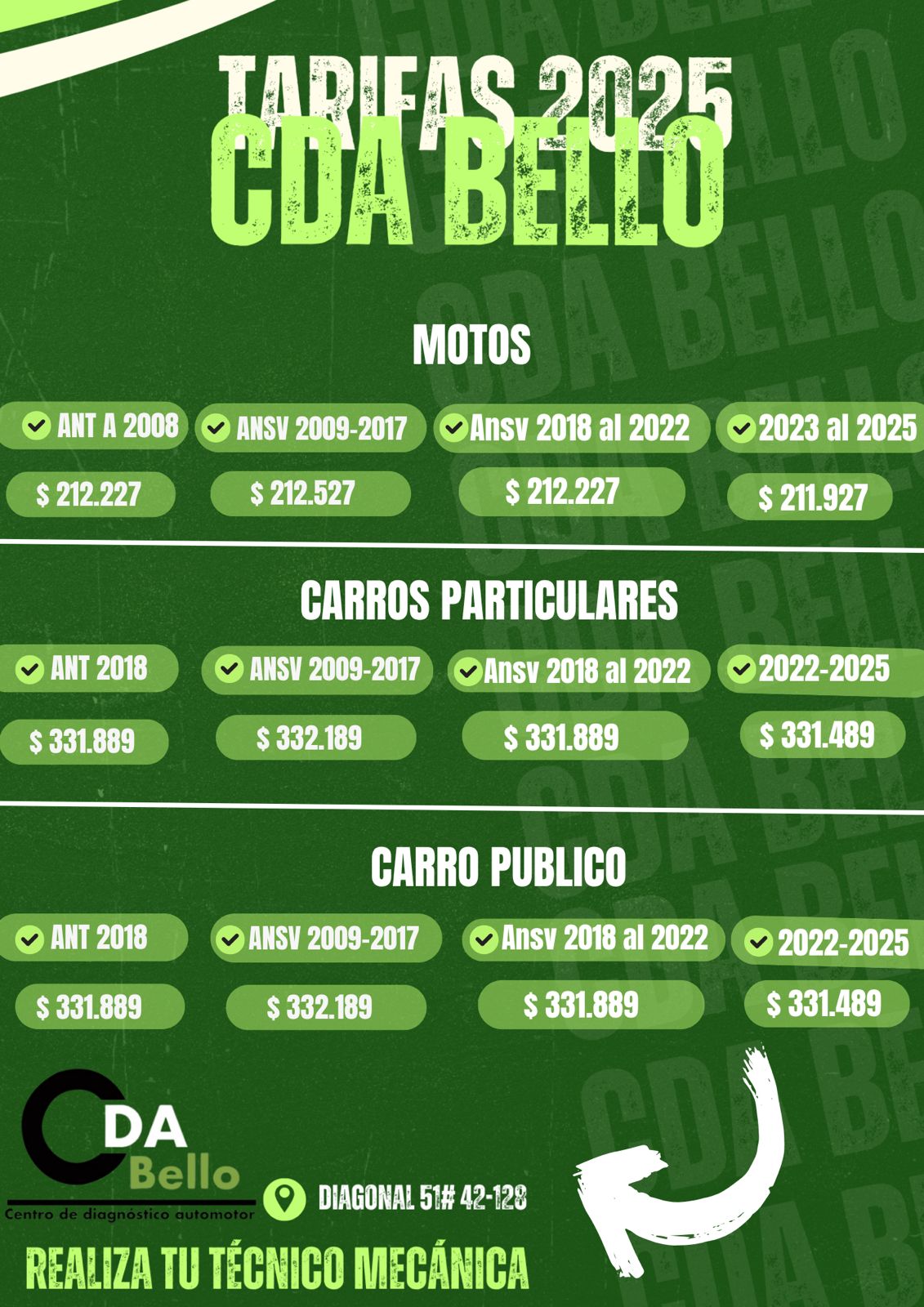 Tarifas CDA BELLO MOTOS