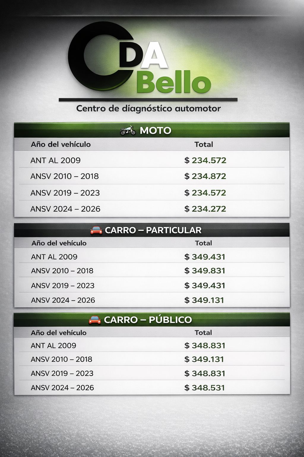 Tarifas CDA BELLO MOTOS